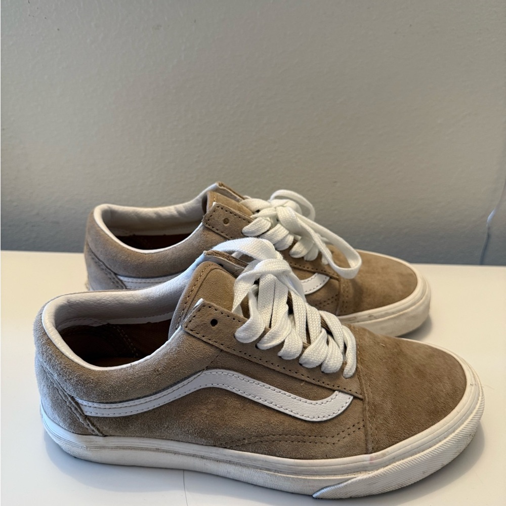Vans Tan and White Suede Sneakers with Side Stripe